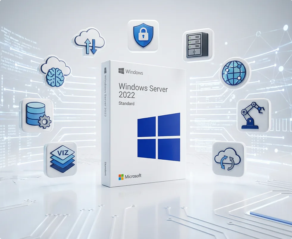 Boîte de Windows Server 2022 Standard entourée d'icônes flottantes : cloud, sécurité, IA, réseau, analyse et robotique sur fond numérique.
