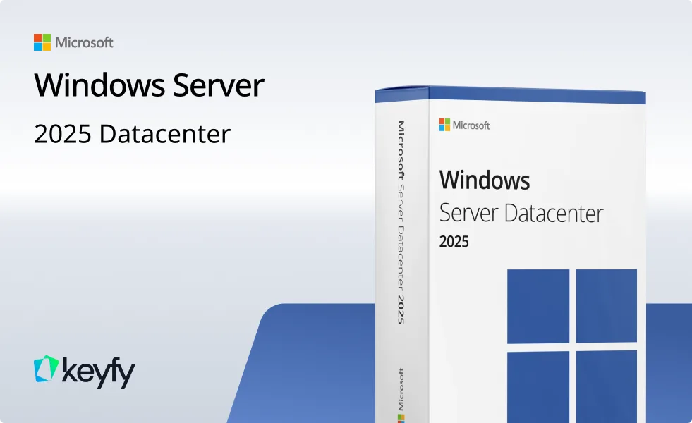Visuel promotionnel de Microsoft Windows Server 2025 Datacenter, boîte avec logo Windows et logo keyfy en coin, sur keyfy.fr.