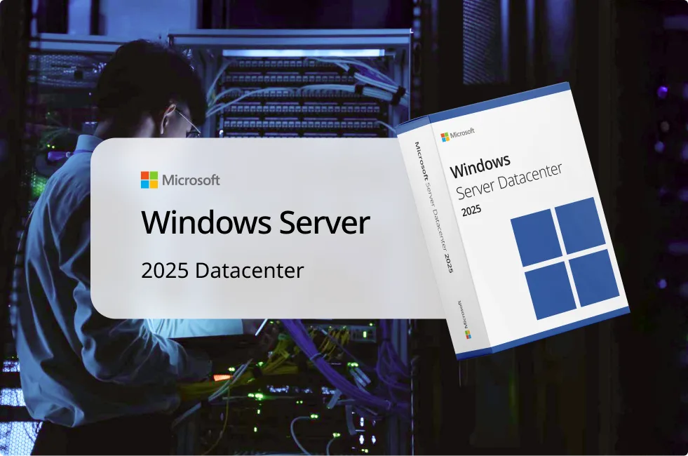 Une personne travaille dans une salle de serveurs peu éclairée, avec une boîte Microsoft Windows Server 2025 Datacenter au premier plan.
