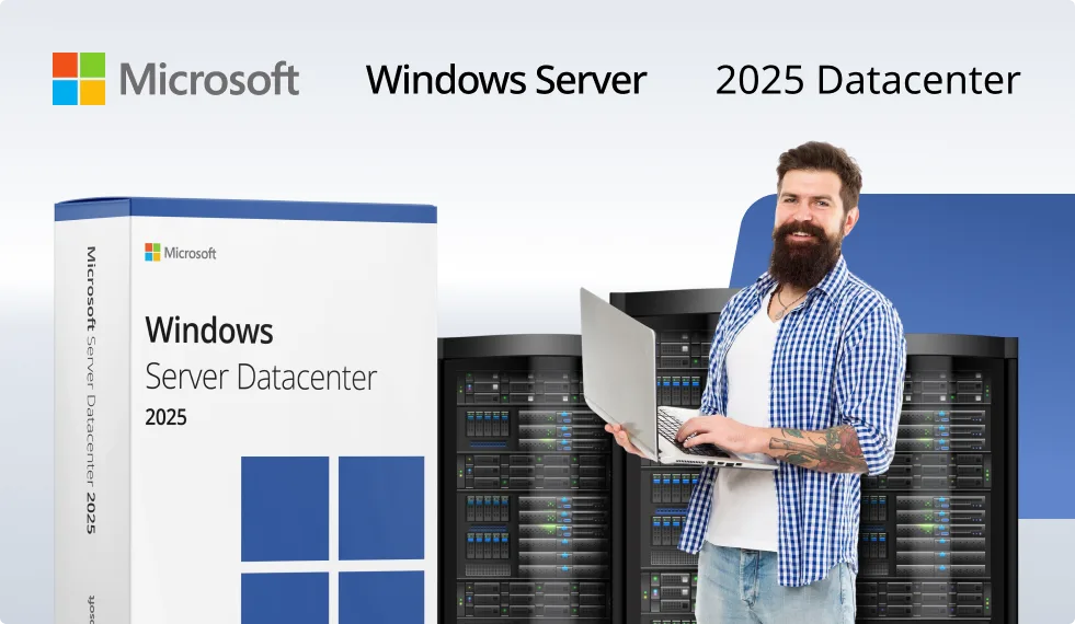 Un homme barbu avec un ordinateur portable se tient près de serveurs, devant une boîte Windows Server Datacenter 2025 et le logo Microsoft.