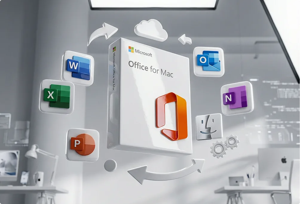 Une boîte de Microsoft Office pour Mac entourée des icônes Word, Excel, PowerPoint, Outlook, OneNote et symboles Mac sur fond bureau moderne.