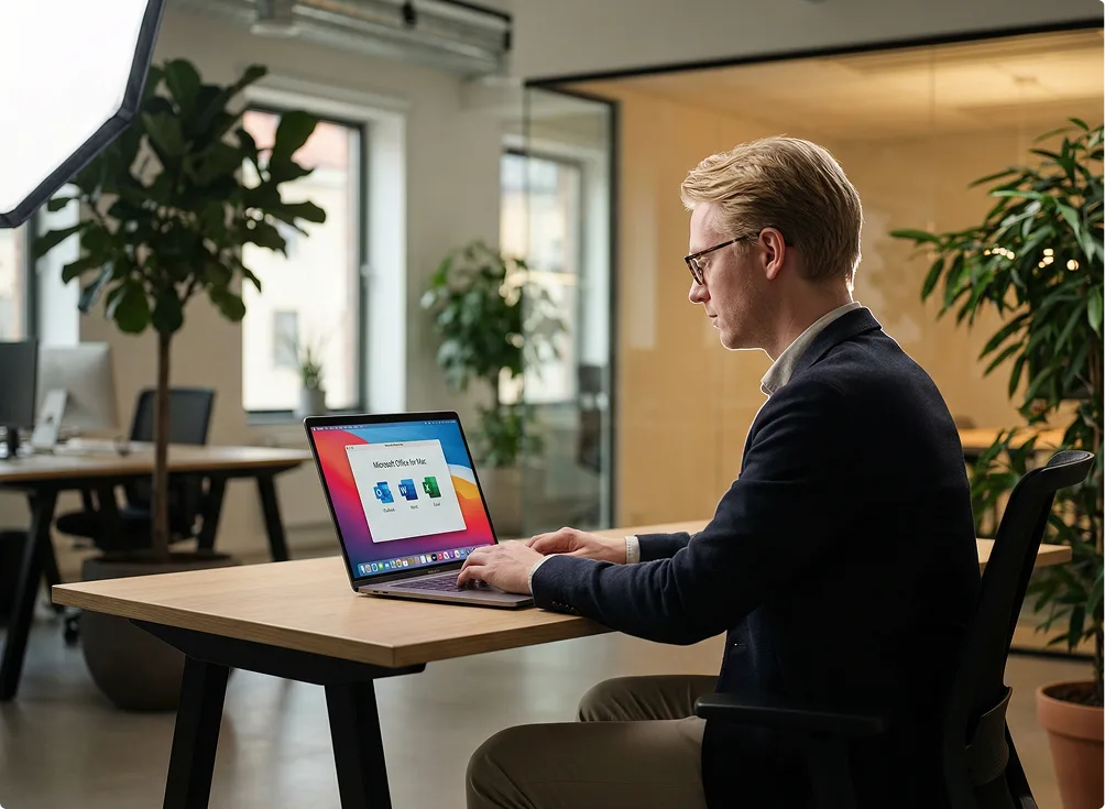 Un homme en costume travaille sur un ordinateur portable affichant Microsoft Office, assis à un bureau moderne avec plantes et fenêtres.