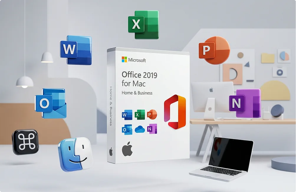 Boîte Microsoft Office 2019 pour Mac entourée d'icônes d'apps Word, Excel, PowerPoint, Outlook, OneNote et MacBook Apple.