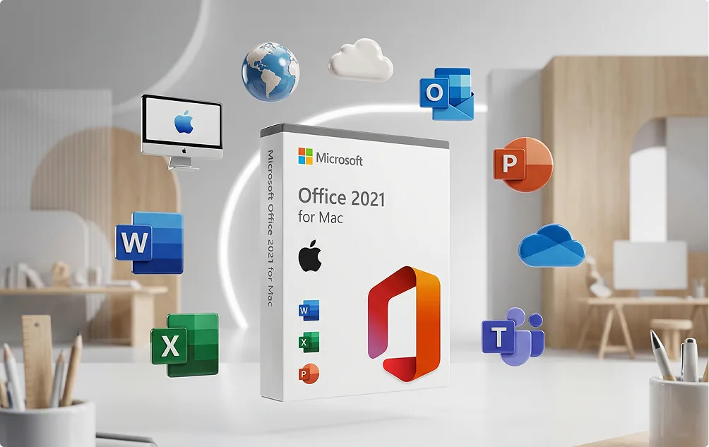 Boîte Microsoft Office 2021 pour Mac dans un bureau moderne, entourée d'icônes Word, Excel, PowerPoint, Outlook, OneDrive et logo Apple.