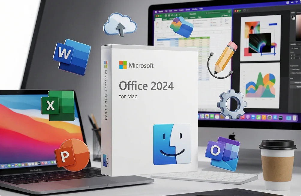 Boîte Microsoft Office 2024 pour Mac sur un bureau, entourée d'ordinateur portable, écrans, tasse et icônes Word, Excel, PowerPoint, Outlook.