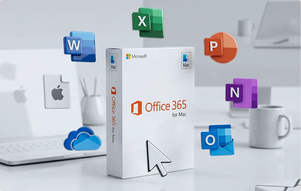 Boîte Office 365 pour Mac sur un bureau, entourée d'icônes Word, Excel, PowerPoint, OneNote, Outlook, Apple et cloud. Grand curseur pointé dessus.