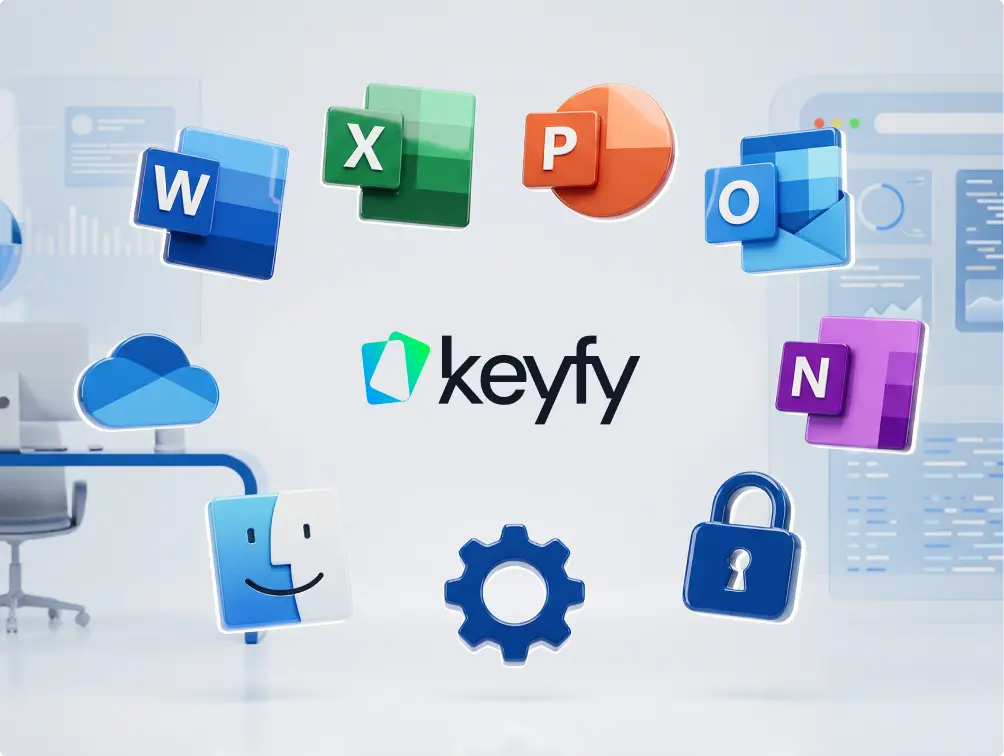 Illustration du logo Keyfy entouré des icônes Microsoft Office, cloud, engrenage, cadenas et Finder macOS sur arrière-plan bureautique flou.