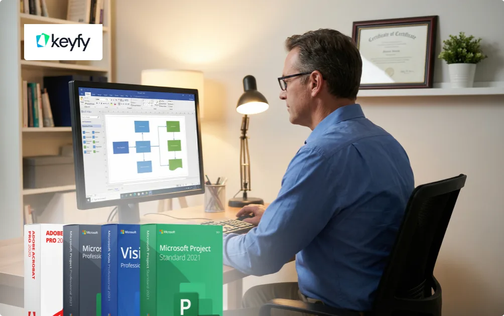 Un homme travaille à son bureau sur un ordinateur avec un logiciel de diagramme. Devant lui, boîtes Adobe Acrobat, Project et Visio. Un certificat est accroché au mur derrière.