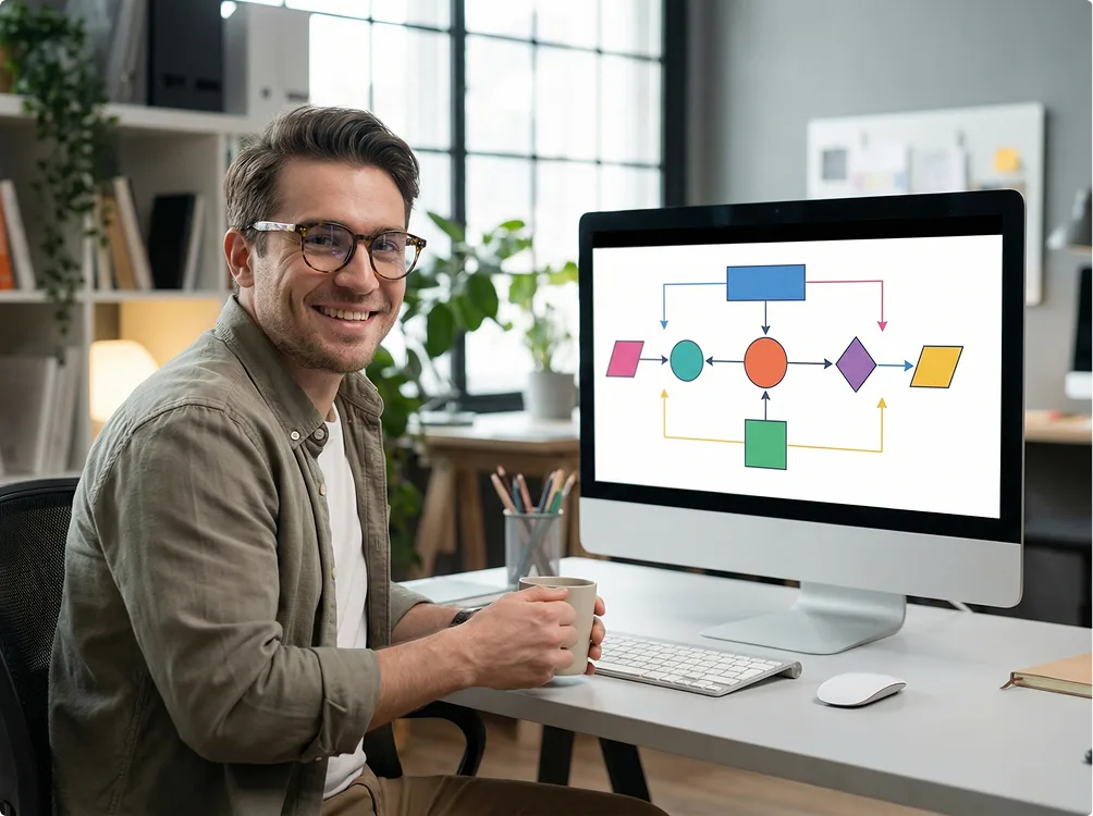 Un homme souriant à lunettes assis à son bureau tient une tasse près d'un ordinateur affichant un organigramme coloré. Plantes, fournitures de bureau et grandes fenêtres complètent l'arrière-plan lumineux.