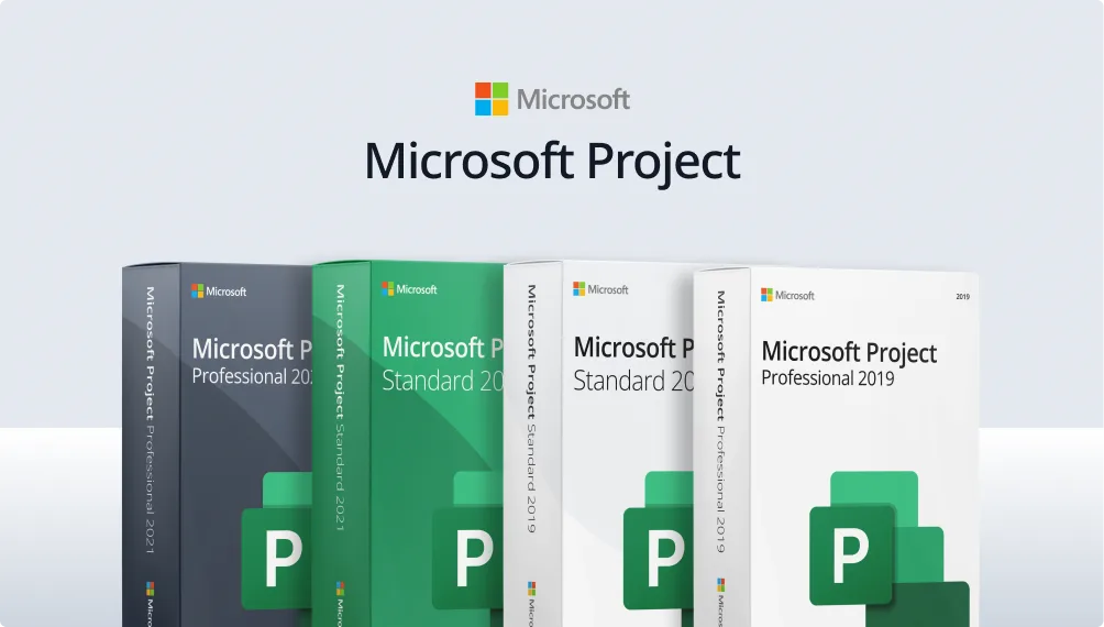 Quatre boîtes Microsoft Project alignées présentent les éditions Standard et Professional 2019, logo sur fond blanc.