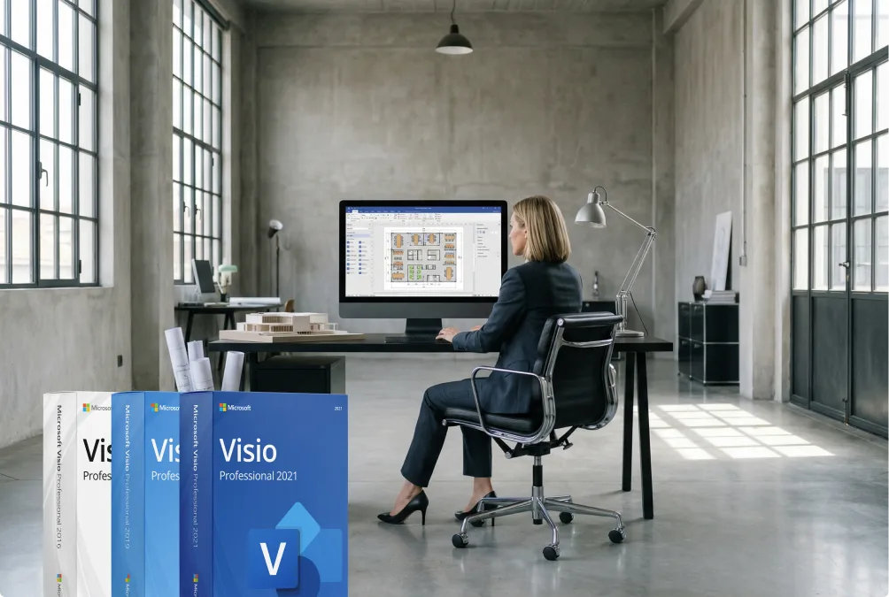 Une femme travaille sur des plans architecturaux à son bureau moderne, avec des boîtes de Microsoft Visio 2021 au premier plan.