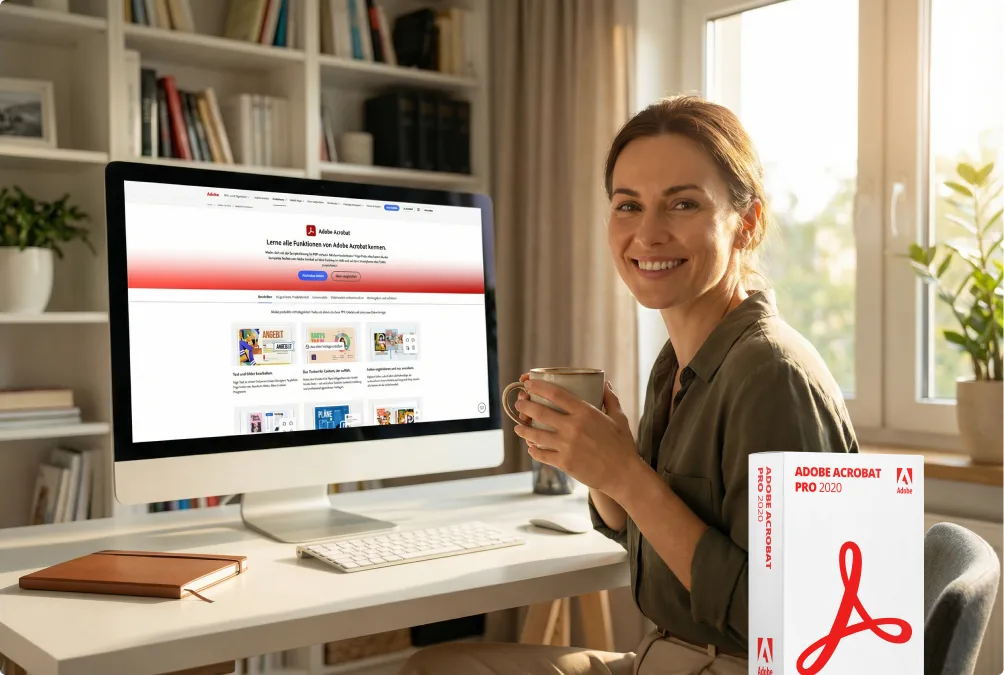 Une femme souriante est assise à un bureau avec une tasse de café, devant un ordinateur affichant un site web et Adobe Acrobat Pro 2020.