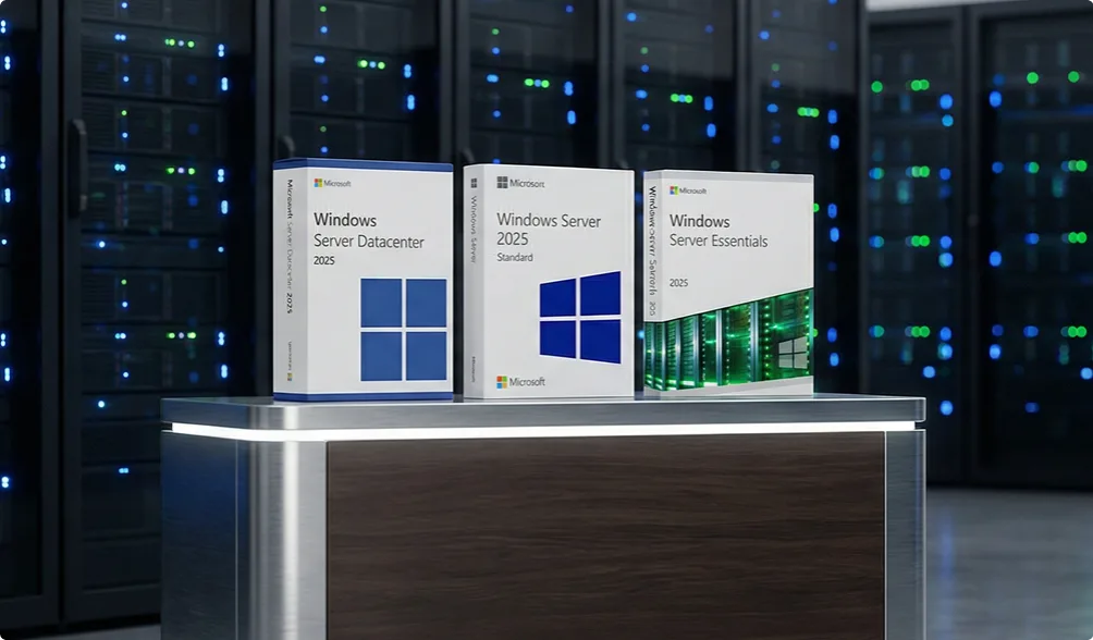 Trois boîtes Windows Server 2025 (Datacenter, Standard, Essentials) sont posées sur un comptoir éclairé, des serveurs flous derrière.