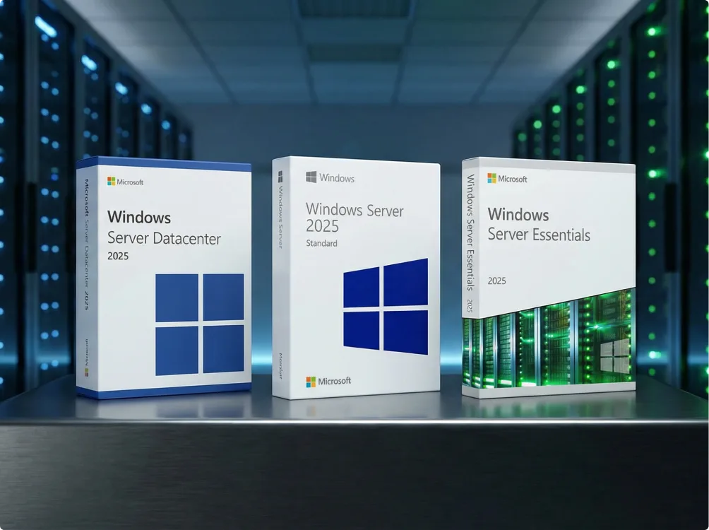 Trois boîtes Windows Server 2025 - Datacenter, Standard et Essentials - sur une table, avec des serveurs et LED bleues derrière.