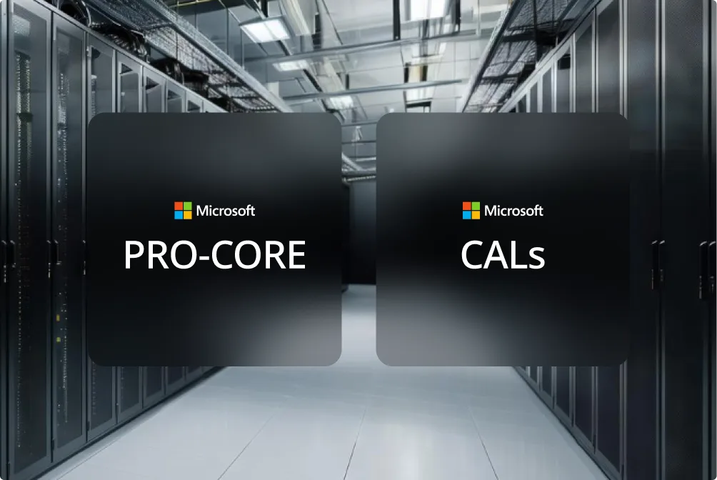 Salle de serveurs avec de grands racks et deux encadrés affichant le logo Microsoft : l'un indique PRO-CORE, l'autre CALs.