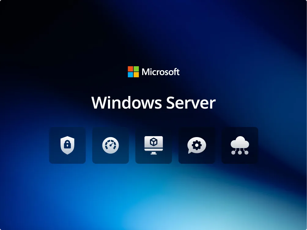 Fond bleu avec logo Microsoft et texte Windows Server, au-dessus de cinq icônes : sécurité, performance, VM, réglages, cloud.