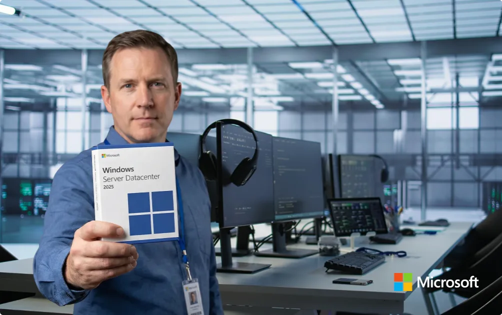 Un homme tient une boîte Windows Server Datacenter 2025 dans un bureau moderne, avec équipements et logo Microsoft visible.