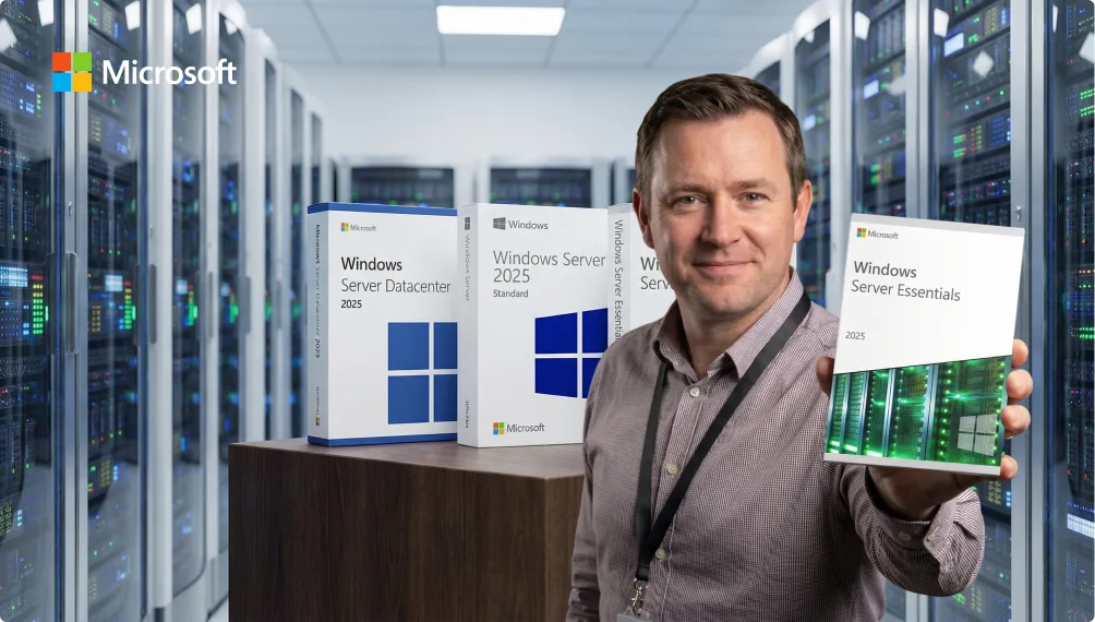 Un homme dans une salle serveurs tient une boîte Windows Server Essentials 2025, deux autres boîtes sur la table, logo Microsoft en haut à gauche.