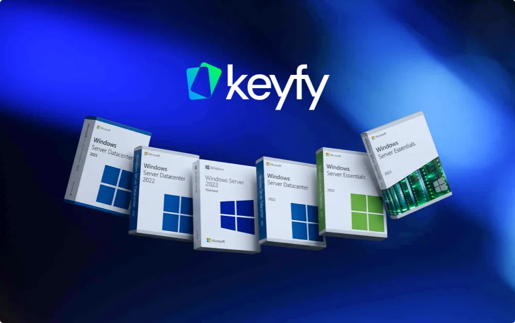 Six boîtes Windows Server (2022, 2019, 2016) éditions Datacenter, Standard et Essentials sous le logo keyfy sur fond bleu dégradé.
