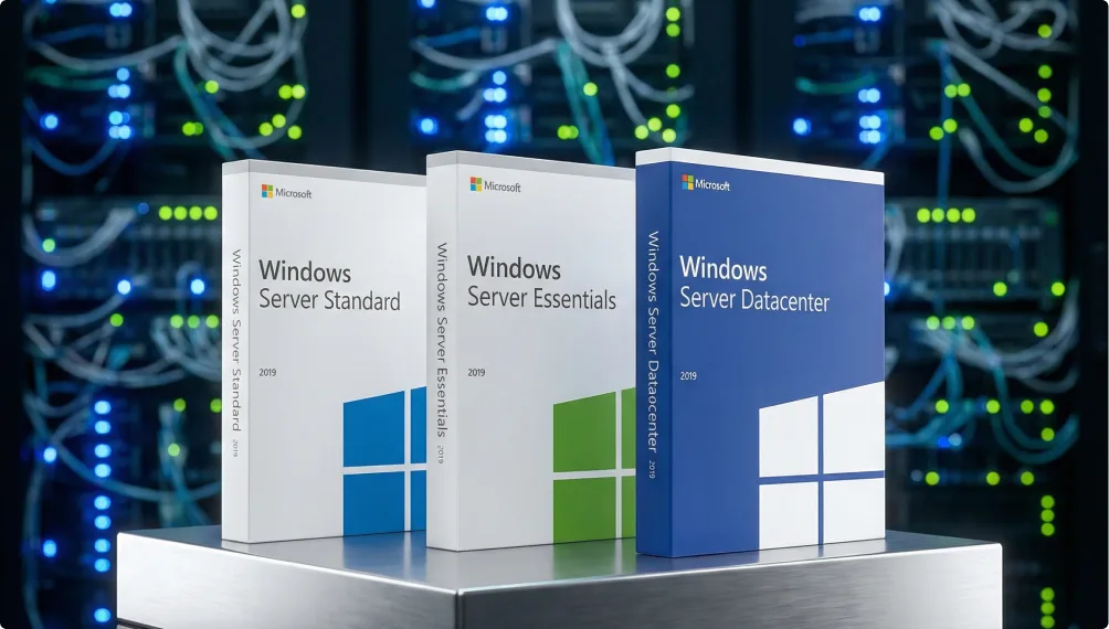 Trois boîtes de Windows Server 2019 (Standard, Essentials, Datacenter) posées sur métal, avec serveurs flous en arrière-plan.