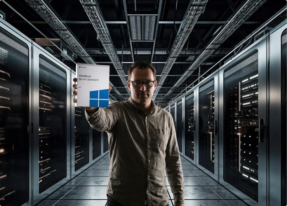 Un homme se tient dans une salle de serveurs, brandissant une boîte Windows Server Standard, entouré de racks et d'un plafond moderne.
