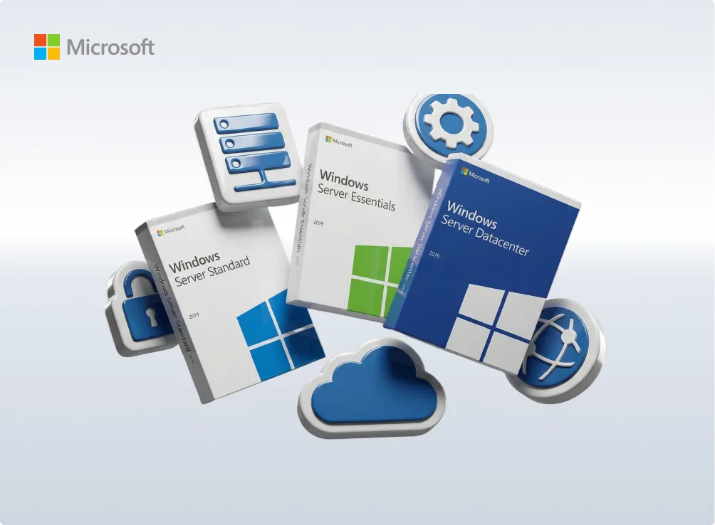 Trois boîtes Microsoft Windows Server 2019 (Standard, Essentials, Datacenter) avec icônes de cloud et engrenage sur fond clair.