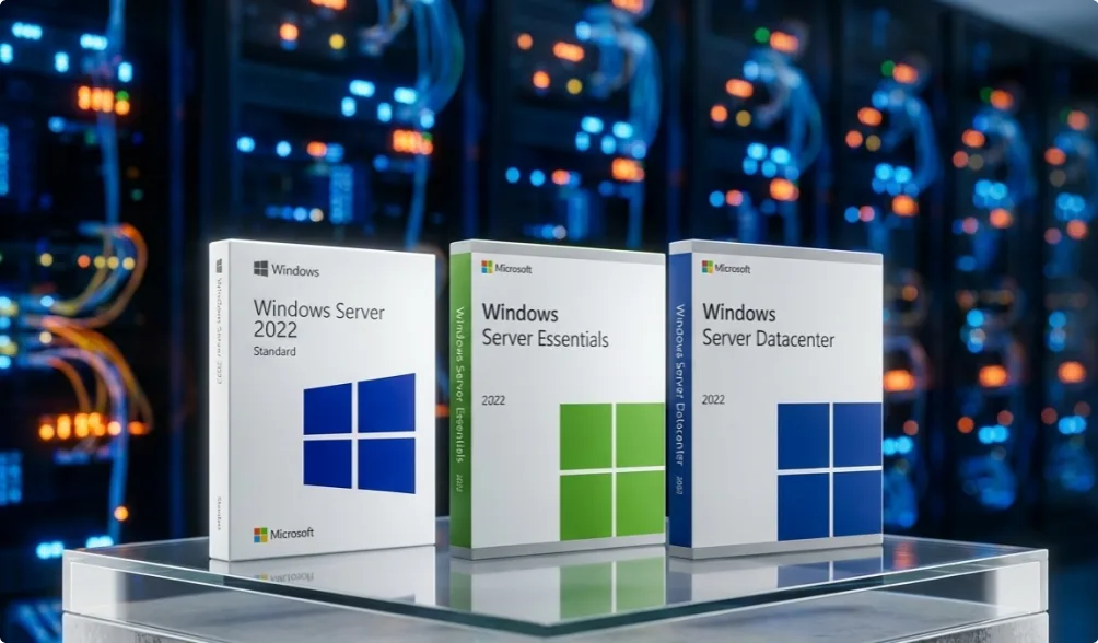 Trois boîtes Microsoft Windows Server 2022 Standard, Essentials et Datacenter posées sur une surface brillante, serveurs en fond flous.