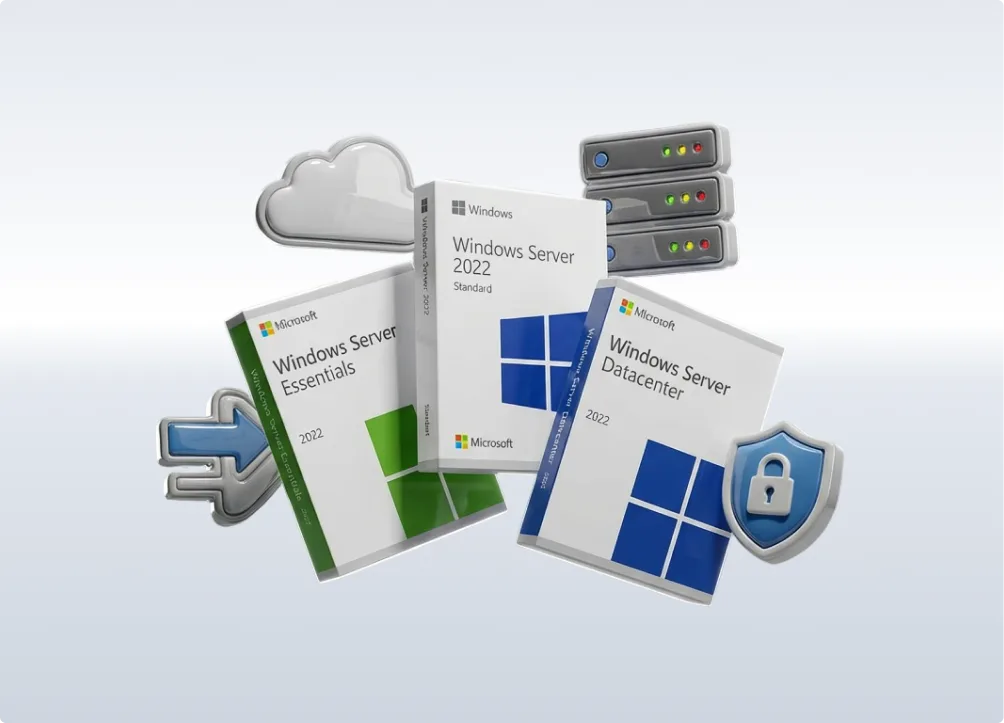 Trois boîtes Windows Server (Essentials, Standard, Datacenter) avec icônes numériques de cloud, serveurs, bouclier et réseau.