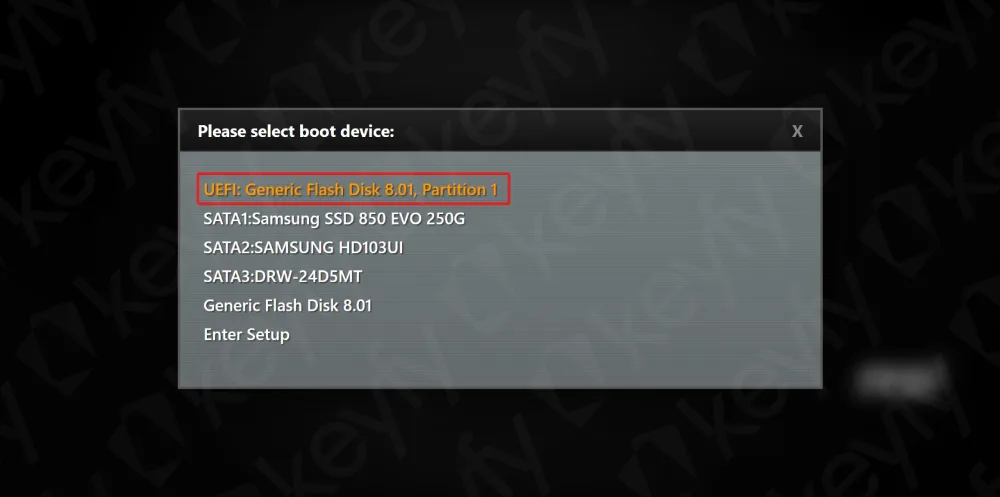 Un menu de démarrage d'ordinateur affiche plusieurs options de périphériques de démarrage, avec UEFI: Generic Flash Disk 8.01, Partition 1 mis en évidence en orange. Les autres options incluent SSD, HDD, DVD et des entrées de configuration.