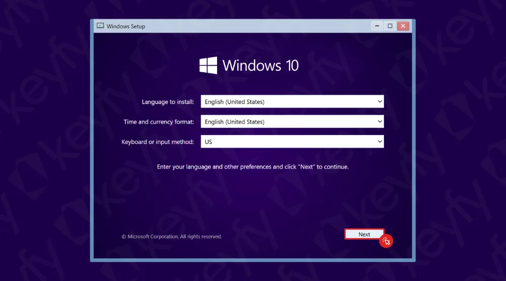 Écran de configuration de Windows 10 affichant des options pour sélectionner la langue, le format de l'heure et de la monnaie, et la méthode de saisie au clavier. Le bouton Suivant en bas à droite est mis en évidence avec un cercle rouge et une flèche.
