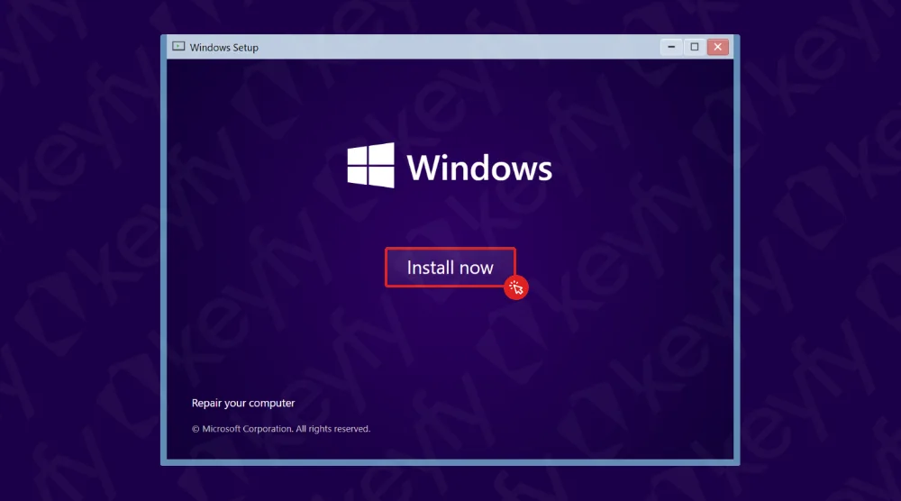 Un écran de configuration Windows avec le logo Windows, le texte Windows et un bouton Installer maintenant mis en évidence au centre. Des options pour Réparer l'ordinateur apparaissent en bas à gauche.