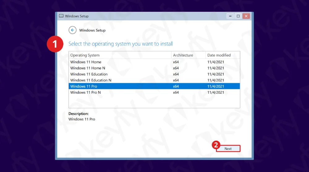 Un écran de configuration Windows affiche une liste des éditions de Windows 11 à installer, y compris les versions Famille, Éducation et Pro, avec Windows 11 Pro N mis en évidence. Des boutons étiquetés Suivant et des étapes numérotées sont visibles.