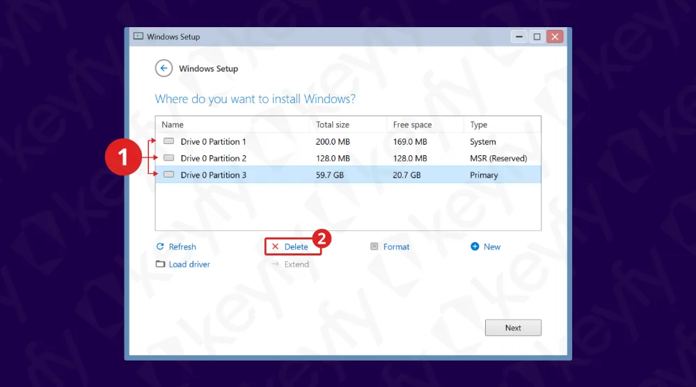Un écran de configuration Windows affichant les partitions de disque avec des options pour supprimer, formater ou étendre. L'étape 1 met en évidence la sélection d'une partition ; l'étape 2 met en évidence le clic sur le bouton Supprimer sous la liste des partitions.