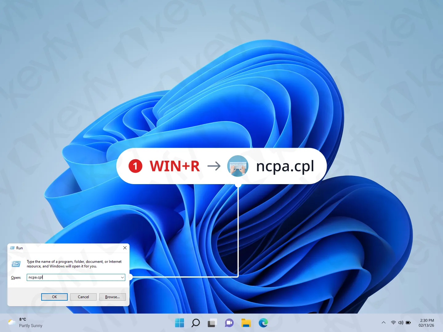 Un bureau Windows 11 montre la boîte de dialogue Exécuter avec ncpa.cpl saisi. Une superposition met en évidence l'appui sur Win+R et la saisie de ncpa.cpl pour ouvrir les connexions réseau.