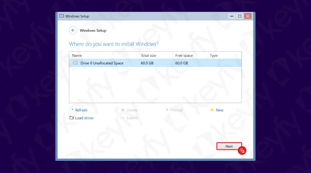 Un écran de configuration Windows affichant la sélection du lecteur pour l'installation. Lecteur 0 Espace non alloué avec 60,0 Go est mis en évidence, et le bouton Suivant dans le coin inférieur droit est encadré en rouge.