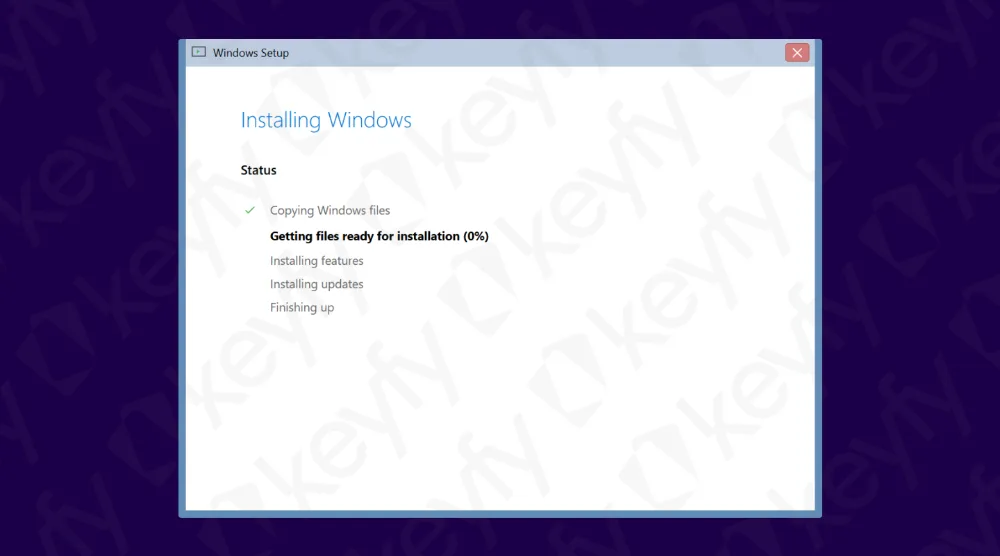 Un écran de configuration Windows montrant le processus d'installation. Préparation des fichiers pour l'installation (0 %) est mis en évidence, et Copie des fichiers Windows est coché. Les autres étapes n'ont pas encore commencé.