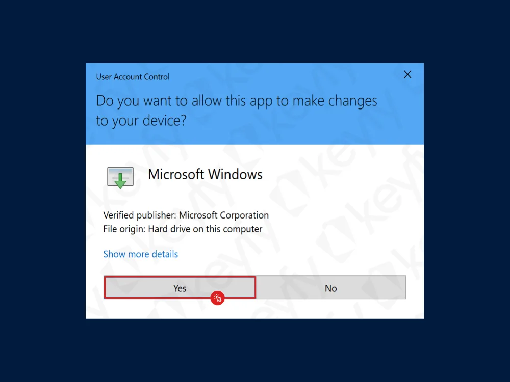 Une invite du Contrôle de compte d'utilisateur Windows demande « Voulez-vous autoriser cette application à apporter des modifications à votre appareil ? » avec les options « Oui » (mise en évidence) et « Non ». L'application est publiée par Microsoft Corporation.