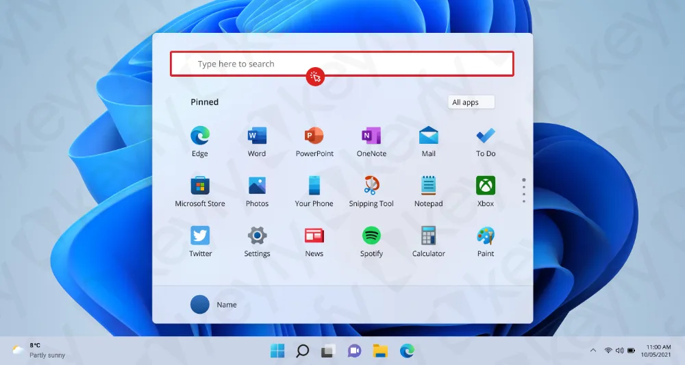 Un menu Démarrer de Windows 11 est ouvert, affichant une barre de recherche en haut et des icônes d'applications épinglées comme Edge, Word, PowerPoint, Courrier, Store, Xbox, Twitter et Paramètres. La barre des tâches est visible en bas.