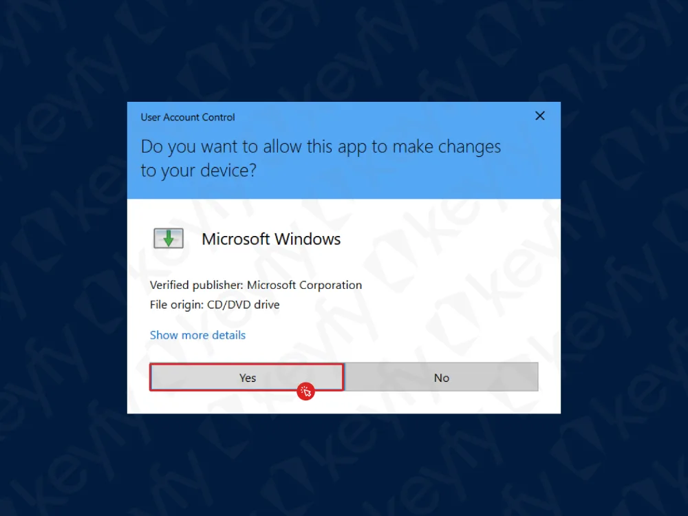 Une fenêtre contextuelle de contrôle de compte d'utilisateur Windows demande : Voulez-vous autoriser cette application à apporter des modifications à votre appareil ? avec les boutons Oui et Non ; Oui est mis en évidence. L'application provient de Microsoft Windows.