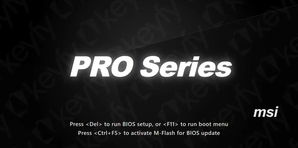 Écran de démarrage MSI noir avec PRO Series en gros texte blanc au centre. Les instructions ci-dessous indiquent la configuration du BIOS, le menu de démarrage et les touches d'activation M-Flash, avec un logo MSI dans le coin inférieur droit.